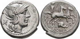 L. Caecilius Metellus Diadematus, 128 BC. Denarius (Silver, 18 mm, 3.83 g, 1 h), Rome. Head of Roma to right, wearing crested and winged helmet; behin...