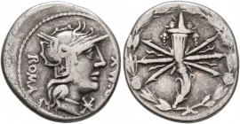 Q. Fabius Maximus, 127 BC. Denarius (Silver, 19 mm, 3.74 g, 2 h), Rome. ROMA - Q•MAX Head of Roma to right, wearing crested and winged helmet. Rev. Co...