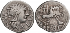Q. Fabius Labeo, 124 BC. Denarius (Silver, 19 mm, 3.79 g, 10 h), Rome. LABEO ROMA Head of Roma to right, wearing winged helmet; below chin, X. Rev. Q•...