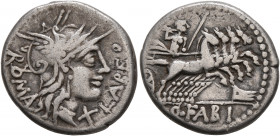 Q. Fabius Labeo, 124 BC. Denarius (Silver, 19 mm, 3.82 g, 10 h), Rome. LABEO ROMA Head of Roma to right, wearing winged helmet; below chin, X. Rev. Q•...