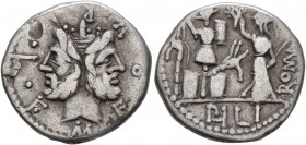 M. Furius L.f. Philus, 120 BC. Denarius (Silver, 19 mm, 3.82 g, 1 h), Rome. M•FOVRI•L•F Laureate head of Janus. Rev. ROMA / PH L I Roma standing front...