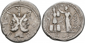 M. Furius L.f. Philus, 120 BC. Denarius (Silver, 21 mm, 3.76 g, 9 h), Rome. M•FOVRI•L•F Laureate head of Janus. Rev. ROMA / PH L I Roma standing front...