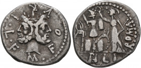 M. Furius L.f. Philus, 120 BC. Denarius (Silver, 20 mm, 3.73 g, 1 h), Rome. M•FOVRI•L•F Laureate head of Janus. Rev. ROMA / PH L I Roma standing front...