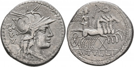 M. Tullius, 119 BC. Denarius (Silver, 21 mm, 3.63 g, 4 h), Rome. Head of Roma to right, wearing winged helmet; behind, ROMA. Rev. M•TVLLI Victory driv...
