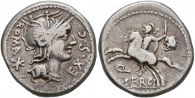 M. Sergius Silus, 116-115 BC. Denarius (Silver, 18 mm, 3.89 g, 2 h), Rome. ROMA - EX•S•C• Head of Roma to right, wearing winged helmet; behind, star (...