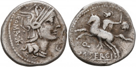 M. Sergius Silus, 116-115 BC. Denarius (Silver, 17 mm, 3.73 g, 4 h), Rome. ROMA - EX•[S•C•] Head of Roma to right, wearing winged helmet; behind, star...