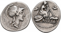 Anonymous, 115-114 BC. Denarius (Silver, 22 mm, 3.86 g, 10 h), Rome. ROMA Head of Roma to right, wearing crested Attic helmet; behind, X (mark of valu...