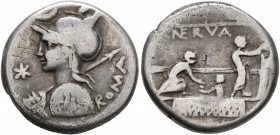 P. Nerva, 113-112 BC. Denarius (Silver, 17 mm, 3.77 g, 6 h), Rome. Helmeted bust of Roma to left, holding spear over right shoulder and shield decorat...