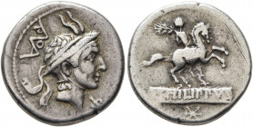 L. Philippus, 113-112 BC. Denarius (Silver, 18 mm, 3.83 g, 2 h), Rome. Head of Philip V of Macedon to right, wearing diademed royal Macedonian helmet ...