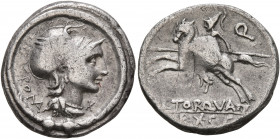 L. Torquatus, 113-112 BC. Denarius (Silver, 19 mm, 3.85 g, 2 h), Rome. Helmeted head of Roma to right; behind, RO MA ; before, X. Rev. L•TORQVA / EX•S...