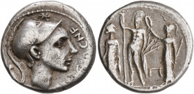 Cn. Blasio Cn.f, 112-111 BC. Denarius (Silver, 18 mm, 3.79 g, 6 h), Rome. [CN BLASIO] CN F Helmeted head of Mars to right; behind head, acrostolium; a...
