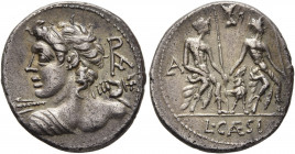 Lucius Caesius, 112-111 BC. Denarius (Silver, 20 mm, 3.88 g, 6 h), Rome. Youthful, draped bust of Vejovis to left, seen from behind, hurling thunderbo...