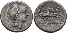 T. Manlius Mancinus, Appius Claudius Pulcher and Q. Urbinus, 111-110 BC. Denarius (Silver, 18 mm, 3.89 g, 11 h), Rome. Head of Roma to right, wearing ...
