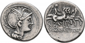 T. Manlius Mancinus, Appius Claudius Pulcher and Q. Urbinus, 111-110 BC. Denarius (Silver, 18 mm, 3.79 g, 3 h), Rome. Head of Roma to right, wearing w...