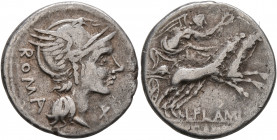 L. Flaminius Chilo, 109-108 BC. Denarius (Silver, 19 mm, 3.75 g, 9 h), Rome. ROMA Head of Roma to right, wearing winged helmet; before, X. Rev. L•FLAM...