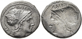 Q. Lutatius Cerco, 109-108 BC. Denarius (Silver, 19 mm, 3.73 g, 12 h), brockage mint error, Rome. ROMA Head of Roma to right, wearing crested helmet d...