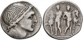 L. Memmius, 109-108 BC. Denarius (Silver, 19 mm, 3.88 g, 7 h), Rome. Male head to right, wearing wreath of oak; below chin, ✱ (mark of value). Rev. [L...