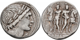 L. Memmius, 109-108 BC. Denarius (Silver, 19 mm, 3.77 g, 8 h), Rome. Male head to right, wearing wreath of oak; below chin, ✱ (mark of value). Rev. L•...