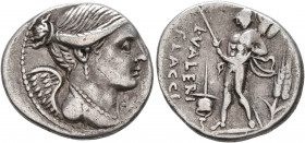 L. Valerius Flaccus, 108-107 BC. Denarius (Silver, 19 mm, 3.85 g, 4 h), Rome. Draped bust of Victory to right; before, ✱. Rev. L•VALERI / FLACCI Mars ...
