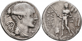 L. Valerius Flaccus, 108-107 BC. Denarius (Silver, 19 mm, 3.82 g, 3 h), Rome. Draped bust of Victory to right; before, ✱. Rev. L•VALE[RI] / FLAC[CI] M...