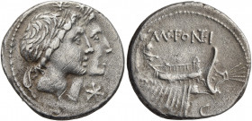 Mn. Fonteius, 108-107 BC. Denarius (Silver, 19 mm, 3.83 g, 10 h), Rome. Jugate, laureate heads of Dioscuri to right; below their chins, star (mark of ...