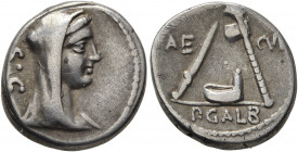 C. Sulpicius C.f. Galba, 106 BC. Denarius (Silver, 17 mm, 3.92 g, 6 h), Rome. Veiled and diademed head of Vesta to right; behind, S•C. Rev. AE – CVR /...