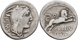 L. Thorius Balbus, 105 BC. Denarius (Silver, 20 mm, 3.75 g, 6 h), Rome. I•S•M•R Head of Juno Sospita to right, wearing goat-skin headdress. Rev. L•THO...