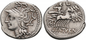 Lucius Appuleius Saturninus, 104 BC. Denarius (Silver, 19 mm, 3.83 g, 1 h), Rome. Head of Roma to left, wearing winged helmet. Rev. L•SATVRN Saturn dr...