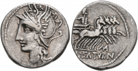 Lucius Appuleius Saturninus, 104 BC. Denarius (Silver, 19 mm, 3.84 g, 2 h), Rome. Head of Roma to left, wearing winged helmet. Rev. L•SATVRN Saturn dr...