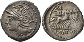 Lucius Appuleius Saturninus, 104 BC. Denarius (Silver, 20 mm, 3.89 g, 2 h), Rome. Head of Roma to left, wearing winged helmet. Rev. L•SATVRN Saturn dr...