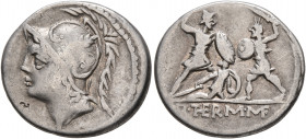 Q. Thermus M.f, 103 BC. Denarius (Silver, 20 mm, 3.82 g, 12 h), Rome. Helmeted head of Mars to left. Rev. Q• THE RM• MF Two warriors fighting, each ar...