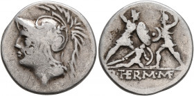 Q. Thermus M.f, 103 BC. Denarius (Silver, 18 mm, 3.78 g, 9 h), Rome. Helmeted head of Mars to left. Rev. Q•THE RM• MF Two warriors fighting, each arme...