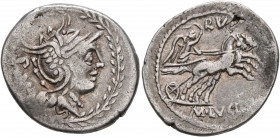 M. Lucilius Rufus, 101 BC. Denarius (Silver, 22 mm, 3.73 g, 12 h), Rome. PV Head of Roma within laurel wreath to right, wearing winged helmet. Rev. M•...