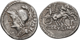 P. Servilius M.f. Rullus, 100 BC. Denarius (Silver, 20 mm, 3.74 g, 3 h), Rome. RVLLI Helmeted bust of Minerva to left. Rev. P•SERVILI•M•F Victory driv...