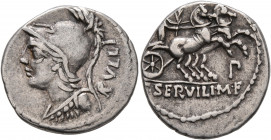 P. Servilius M.f. Rullus, 100 BC. Denarius (Silver, 19 mm, 3.90 g, 3 h), Rome. RVLLI Helmeted bust of Minerva to left. Rev. P•SERVILI•M•F Victory driv...