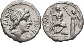 C. Malleolus, A. Albinus Sp.f., and L. Caecilius Metellus, 96 BC. Denarius (Silver, 18 mm, 4.00 g, 11 h), Rome. L•METEL – [A]•ALB•S•F Laureate head of...