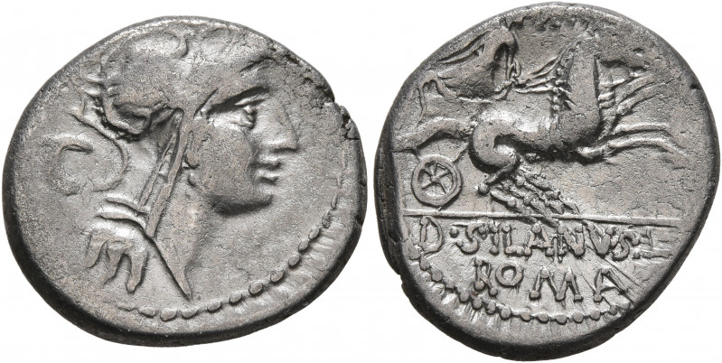 D. Silanus L.f, 91 BC. Denarius (Silver, 18 mm, 3.91 g, 2 h), Rome. Head of Roma...