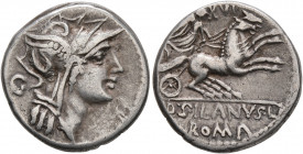 D. Silanus L.f, 91 BC. Denarius (Silver, 17 mm, 3.81 g, 11 h), Rome. Head of Roma to right, wearing winged helmet; behind, C. Rev. D•SILANVS•L•F / ROM...