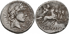 C. Vibius C.f. Pansa, 90 BC. Denarius (Silver, 19 mm, 3.84 g, 2 h), Rome. PANSA Laureate head of Apollo to right; below chin, star. Rev. C•VIBIVS•C•F ...