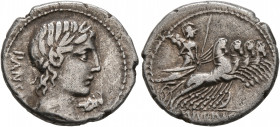 C. Vibius C.f. Pansa, 90 BC. Denarius (Silver, 19 mm, 3.92 g, 12 h), Rome. PANSA Laureate head of Apollo to right; below chin, control mark. Rev. C•VI...