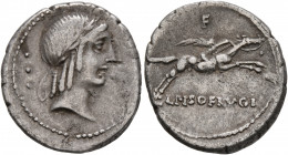 L. Calpurnius Piso Frugi, 90 BC. Denarius (Silver, 19 mm, 3.87 g, 1 h), Rome. Laureate head of Apollo to right; behind, three pellets. Rev. L•PISO•FRV...