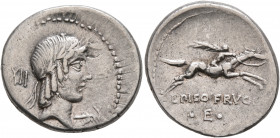 L. Calpurnius Piso Frugi, 90 BC. Denarius (Silver, 19 mm, 3.89 g, 10 h), Rome. Laureate head of Apollo to right; behind, XII; before, uncertain symbol...