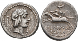 L. Calpurnius Piso Frugi, 90 BC. Denarius (Silver, 19 mm, 3.88 g, 8 h), Rome. Laureate head of Apollo to right; behind, sword (?); before, ✱ (mark of ...