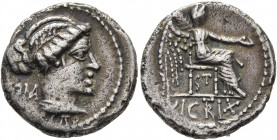 M. Cato, 89 BC. Denarius (Silver, 18 mm, 3.78 g, 9 h), Rome. M C AT O Draped bust of Roma to right; behind, RO MA. Rev. VICTRIX Victory seated right, ...