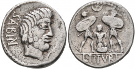 L. Titurius L.f. Sabinus, 89 BC. Denarius (Silver, 18 mm, 3.86 g, 5 h), Rome. Bare-headed and bearded head of King Titus Tatius to right; below, palm ...