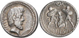 L. Titurius L.f. Sabinus, 89 BC. Denarius (Silver, 20 mm, 3.91 g, 11 h), Rome. SABIN Bare-headed and bearded head of King Titus Tatius to right; below...