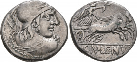 Cn. Lentulus Clodianus, 88 BC. Denarius (Silver, 17 mm, 3.65 g, 11 h), Rome. Helmeted bust of Mars to right, seen from behind, wearing balteus, holdin...