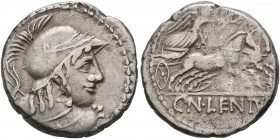 Cn. Lentulus Clodianus, 88 BC. Denarius (Silver, 18 mm, 4.00 g, 11 h), Rome. Helmeted bust of Mars to right, seen from behind, wearing balteus, holdin...