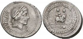 Mn. Fonteius C.f, 85 BC. Denarius (Silver, 21 mm, 4.00 g, 4 h), Rome. MN FO NT EI CF - ROMA (ligate) Laureate head of Apollo to right; below, thunderb...