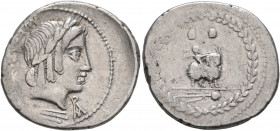 Mn. Fonteius C.f, 85 BC. Denarius (Silver, 21 mm, 4.00 g, 6 h), Rome. MN [FO NT EI CF] - ROMA (ligate) Laureate head of Apollo to right; below, thunde...